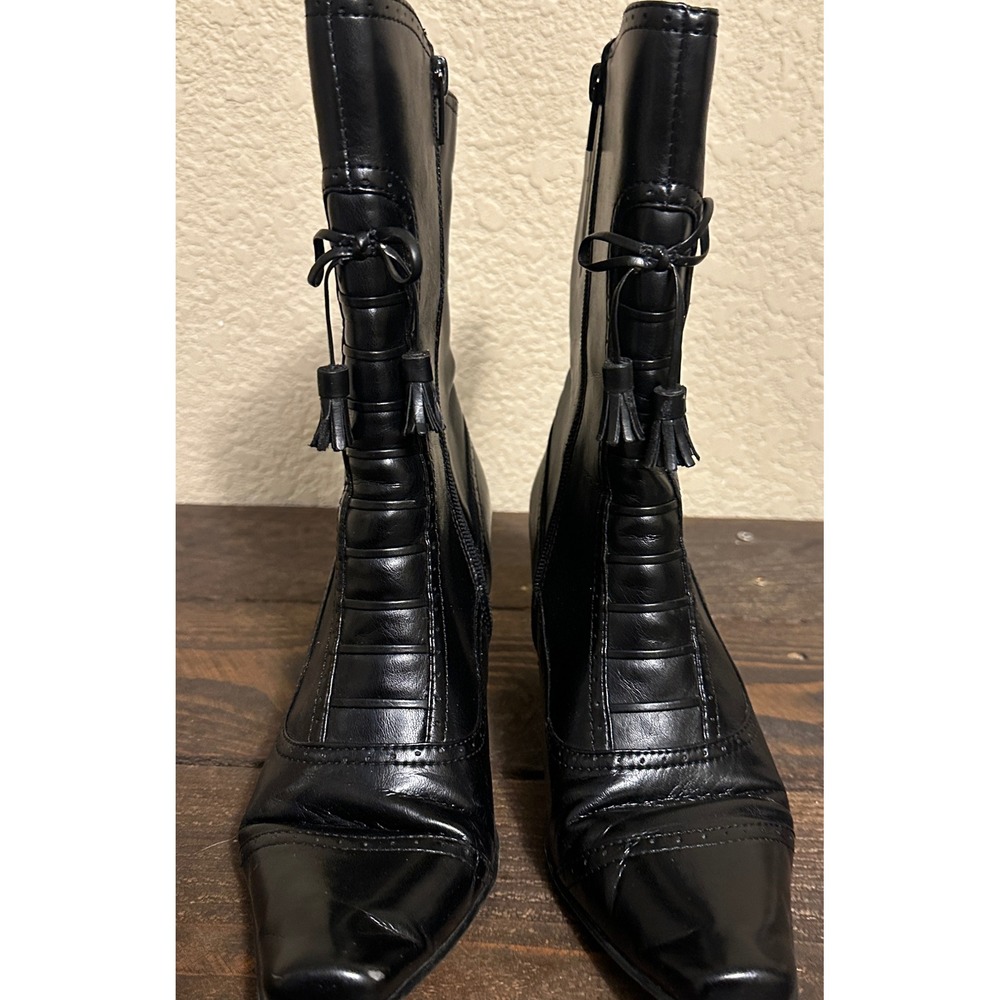 Liz Claiborne Lorraine Black Faux Leather Tassel Kitten Heel Mid-Calf Boots 7.5M - Picture 9 of 14